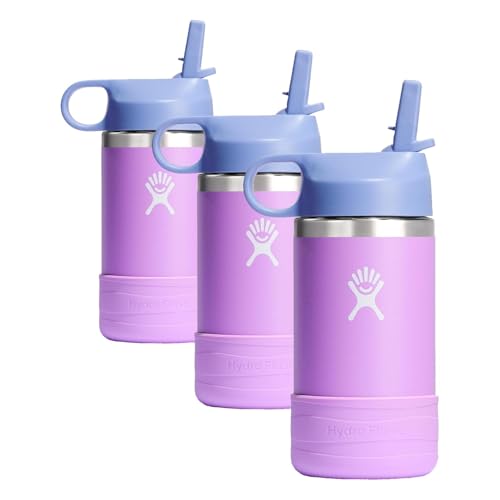 Image of Hydro Flask Kids Water Bottle for School - Stainless Steel and Insulated with Straw Cap - 12 Oz in Anemone Purple (Pack of 3)