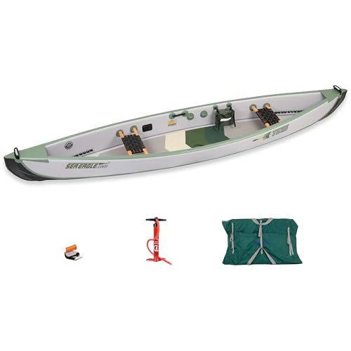 Sea Eagle TC16 Inflatable 16’ High Pressure Drop Stitch Travel Canoe-Wood Web Seats, Pump, Bag and Optional Paddles for Lakes, Rivers & Bays-Easy to Transport, Pack & Stow (TC16 Basic Package)