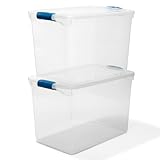 Homz Plastic Storage, Modular Stackable Storage Bins with Blue Latching Handles,112 Quart, Clear, Stackable, 2-Pack