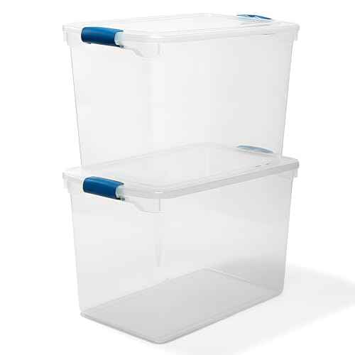 HOMZ 2-Pack Latching Lid, Clear Plastic Storage Organizer Bins, 112 Quart, Blue Latch - Stackable Organizing Containers for Home, Garage, and Office