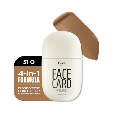 Image of FAE Beauty Face Card 4-in-1 Super Serum Skin Tint | Hydrates, Primes, Provides Coverage & Protects with SPF | Lightweight, Dewy Finish | 30 Shades for Indian Skin Tones | Shade - 51O - Cool Olive