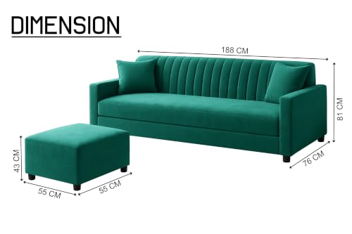 Image of 3 Seater Sofa with Ottoman | Modern Upholstered Couch | Vertical Channel Tufted Backrest | Comfortable Cushioned Seating | Contemporary Sofa Set for Living Room & Office - Green Color