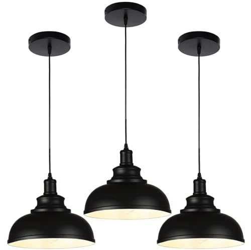 Black Dome Metal Pendant Lights - Hanging Ceiling Fixture for Industrial, Farmhouse Kitchen Island, Dining Room, Foyer (3 pack)