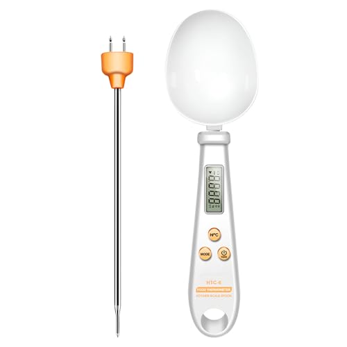 Cuchara Medidora digital 2 en 1, Báscula para comida en gramos + Termómetro digital de cocina, LCD, Tara, Lectura instantánea, g/oz/lb, °C/°F, Termómetro para carne.