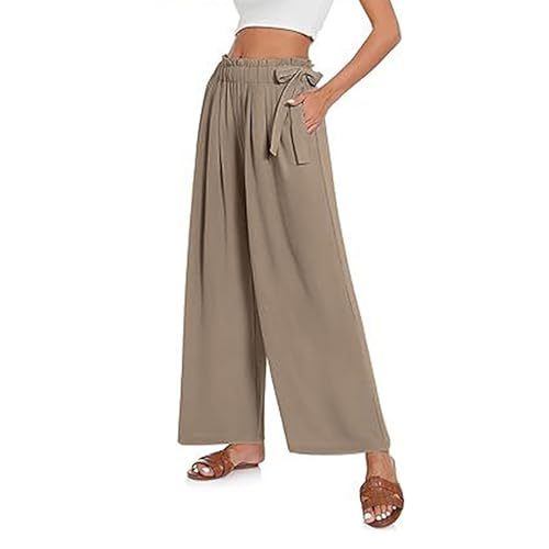 Womens Wide Leg Pants Ruffle Elastic High Waisted Flowy Palazzo Pants Casual Loose Work Trousers with Pockets2