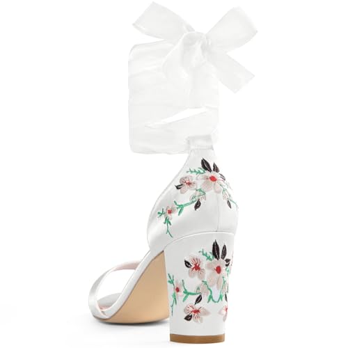 Allegra K Allegra K Women's Floral Heels Satin Lace Up Chunky Heel White Sandals 7.5 M US