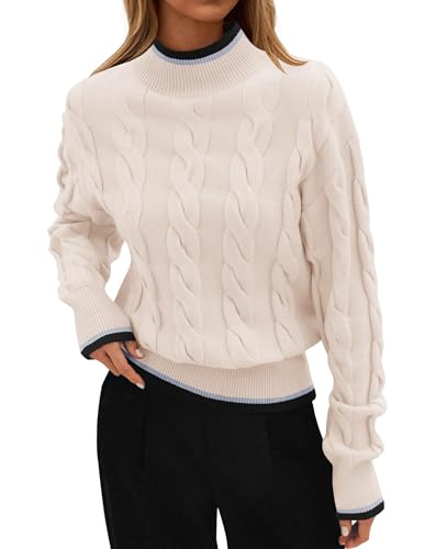 ZESICA Women's Casual Long Sleeve Mock Neck Cable Knit Contrast