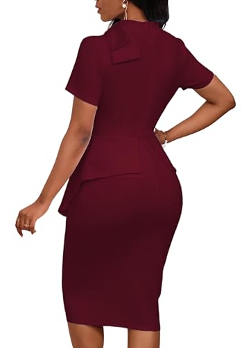 Image of PerZeal Women's Fashion Peplum Bodycon Short Sleeve Work Dresses Bow Club Ruffle Pencil Formal Cocktail Dress