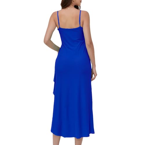 Image of Women's Spaghetti Strap Ruffle Side Split Long Dress Bodycon Beach Maxi Dresses