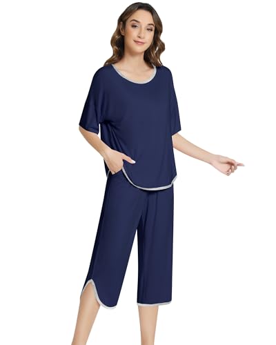 Image of NACHILA Women's Pajamas Sets Short Sleeve Sleepwear Soft Pjs Cool Loungewear with Capri Pants, Viscose made from Bamboo