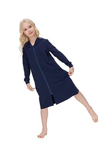 Veseacky Girls Hooded Long Robes Casual Long Sleeve Navy Blue Swimsuit Cover Up For Teen Girls Age 8 #TOP2