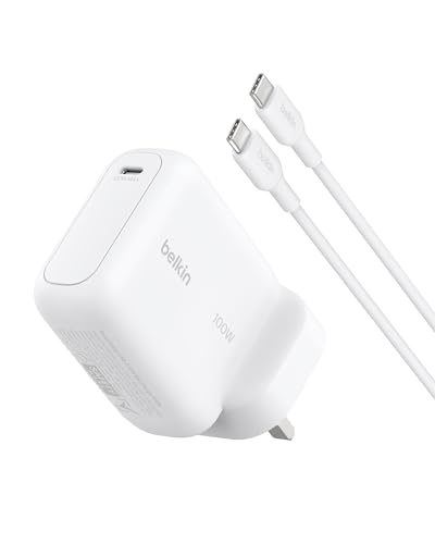 Belkin BoostCharge USB C Plug Charger 100W GaN Fast Charging for iPhone 17 Samsung Galaxy S26 Pixel 10 AirPods Tablet MacBook - 1.5 m USB C Cable Included - Travel Essentials - White