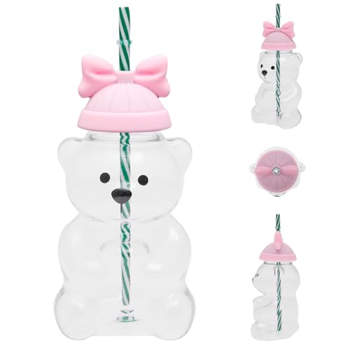 NZWBSHSSP Bear Drinking Cup Glass Bear Cup with Straw and Sealed Lid 20oz Drinking Mug Ergonomic Coffee Mug for Espresso Milk Tea Juice(Pink Bow)