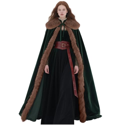 L'VOW Wikinger Pelzumhang Renaissance Pelz Umhang Samt Umhang Mittelalter Cosplay Kostüm Damen Herren, Dunkelgrün, Einheitsgröße