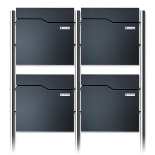 Metzler Standbriefkasten für 4 Parteien in Anthrazit RAL 7016 – Briefkasten freistehend 4er für Mehrfamilienhaus mit Zeitungsfach, Edelstahl Standfüße und austauschbarem Namensschild