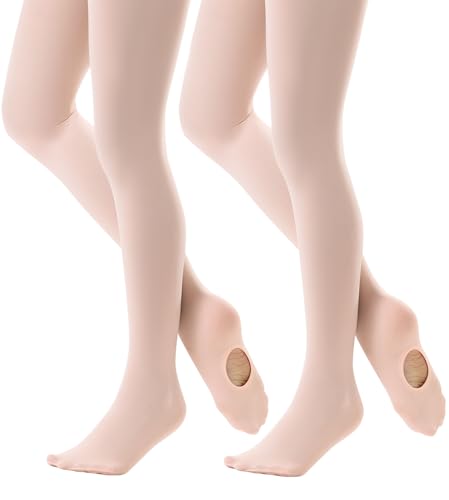 DUCMODA Convertible Ballett Strumpfhose für Mädchen, Weiche Tanzstrumpfhose Kinder, Kinderstrumpfhosen Wechselbar mit & ohne Fuß 2 Paar Ballett Rosa 116-134