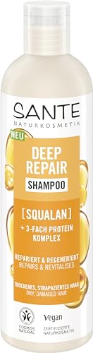 SANTE Naturkosmetik Deep Repair - Champú escualano + complejo de proteínas de 3 capas, champú vegano para el cuidado del cabello suave y brillante, repara el cabello seco y dañado, 250 ml