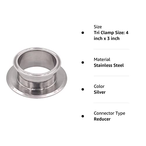 Dernord Sanitary Concentric Reducer Tri Clamp Clover Stainless Steel 304 Sanitary Fitting End Cap Reducer (Tri Clamp Size: 4 Inch X 3 Inch) #TOP5