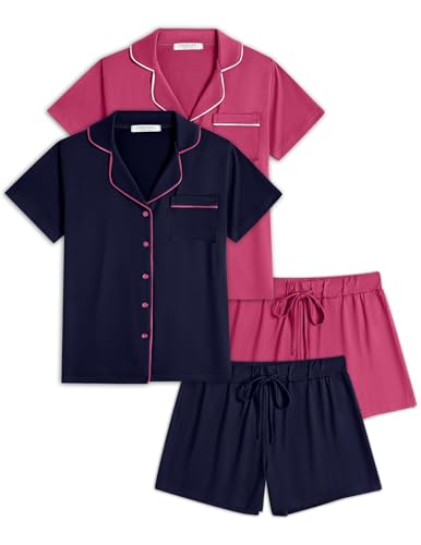 Image of Ekouaer 2 Pack Womens Pajamas Set Button Down Summer Sleepwear Short Sleeve Comfy Pjs Loungewear Set