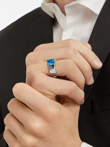 Classic Blue Topaz Rings For Men, Stainless Steel Created Sapphire Biker Ring For Husband Father Size 9
