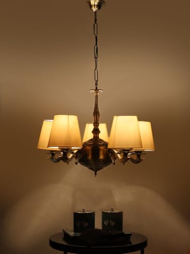 Image of Devansh 05 Lights conical Off-White Cotton Shade with Antique Golden Chandelier