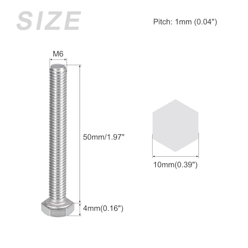 Image of METALLIXITY Hex Bolts (M6-1x50mm) 20Pcs, 304 Stainless Steel Coarse Fully Threaded Hex Head Screw Bolt Machine Screws - for Furniture Repair, Silver