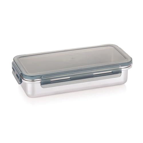 Image of Attro Steelox Rectangle Stainless Steel Container with Plastic Seal Lid BPA Free Food Grade Leak-Proof Ideal for School, Office & Outdoor Lunch Pack - 630ml Grey
