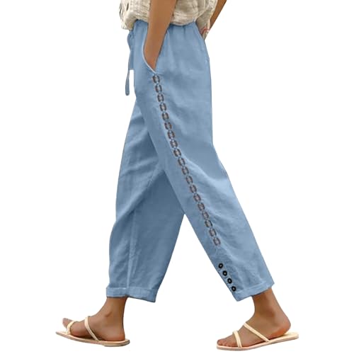 Cotton Linen Pants Women Elastic High Waist Wide Leg Plus Size Beach Trousers with Pockets