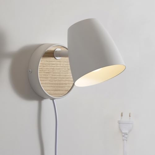 Image of Wall Sconce Plug in,White Wall Lights for Bedroom,Modern Wood Sconces Light with 180Rotation Metal Shade,e26 Wall Lamp with Switch for Living Room,Nightstand,Dining Room,Hallway,Corner,Stairway