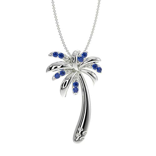 Solid Sterling Silver Tropical Palm Tree 1 2 carat Lab-Grown Blue Sapphire Pendant Necklace with 17.5 Inch Chain, High Polished Rhodium Plated Sterling Silver Pendant for women