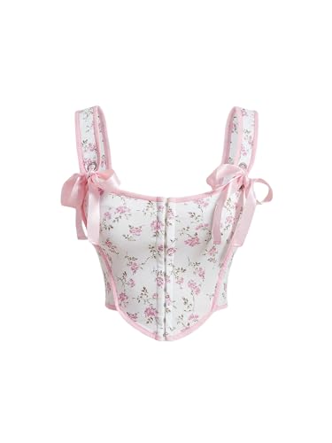 Milumia Women's Ditsy Floral Corset Top Knot Front Square Neck Curved Hem Cami Tank Tops