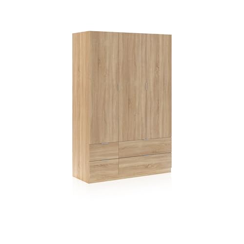duehome | Armario Ropero 3 Puertas y 4 Cajones, Armario Habitación Dormitorio, Modelo Magan, Medidas: 200 cm (Alto) x 135 cm (Ancho) x 52 cm (Fondo)