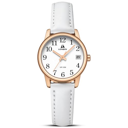 LN LENQIN Relojes Mujer Reloj De Cuarzo Analógicos para Muje Relojes De Pulsera Impermeables para Mujer con Correa De Cuero (Blanco Rosa Blanco)