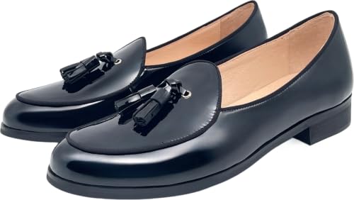 Image of Justar Men's Black Leather Tuxedo Dress Shoes Tassel Loafers Slip-on Formal Shoe