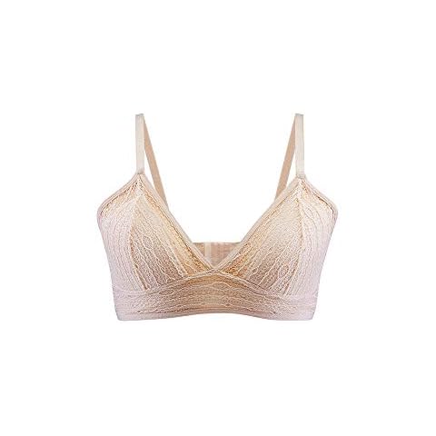 SilRiver Women's Silk Soft Cup Wireless Bra Triangle Lace Bralette Top Deep Plunge Neckline (Medium, Nude) Cover