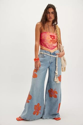 utcoco Womens Trendy Floral Print Wide Leg Jeans Stylish Y2K Low Rise Denim Maxi Pants Vintage Jean Trousers2