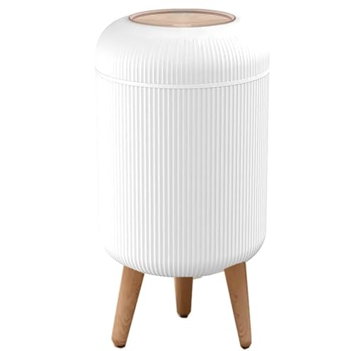 Image of House of Quirk Trash Can With Lid For Bathroom, 10 Liter Kitchen Dustbin Modern Office Trash Can With Legs, Slim Plastic Basket Open-Top For Bathroom, Bedroom Round (White)
