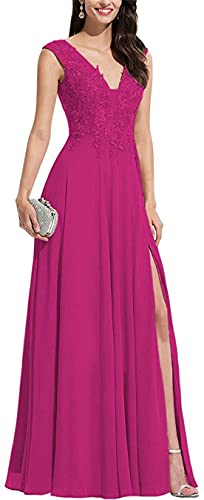 KURFACE Apliques de encaje vestidos de dama de honor con cuello en V de hendidura formal de boda fiesta vestidos de bola para mujeres, fucsia, 42