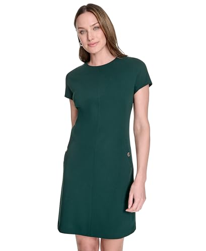 Image of Tommy Hilfiger Women's Cap Sleeve Crew Neck Two Hip Pockets Sheath Mini Dress