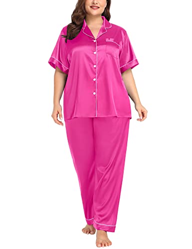 Image of SWOMOG Women's Plus Size Pajamas Silk Satin Pajama Set Short Sleeve Shirt with Full-Length Pants Pjs Sleepwear Set 18W-26W