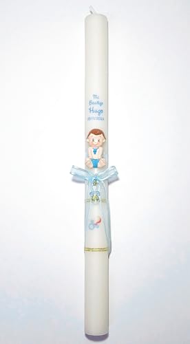 Vela/Cirio para bautizo de cera blanca decorada en azul con cinta, lazo de puntilla y aplique de resina en forma de BEBÉ Medida 3x40cm. (PERSONALIZADA)
