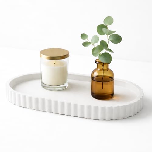 Image of Bathroom Tray for Counter | White Concrete Vanity & Trinket Tray for Jewelry, Perfume & Toiletries Organizer | Oval Decorative Tray for Dresser, Bathroom & Table Decor (White, 20 cm) (Stripe Oval)
