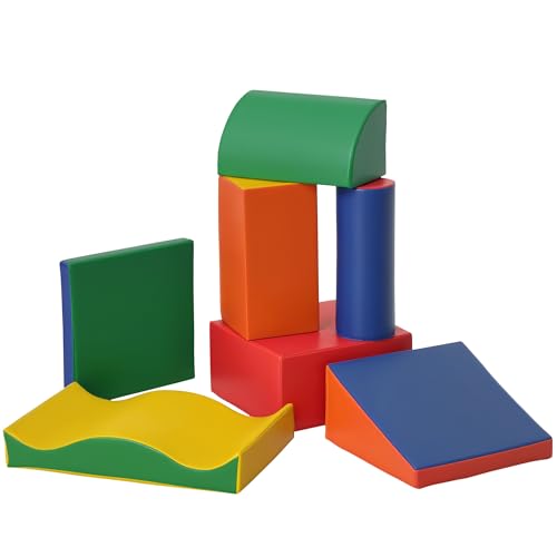 HOMCOM Set di 7 Blocchi di Costruzione Morbidi per Bambini 1-3 Anni, Gioco Educativo per Bambini in PU e EPE per Casa e Scuola, Multicolore