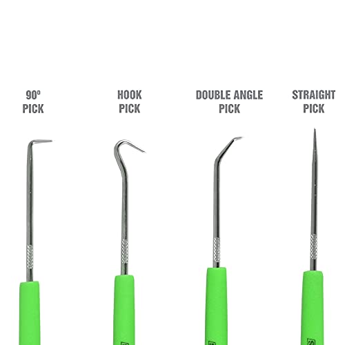 Image of OEMTOOLS 26535 4 Piece Hook and Pick Set, Green Handled Pick Tool Set, Tool Hooks for Precision Projects, O Ring Pick Set, 4 Hook Tool Kit