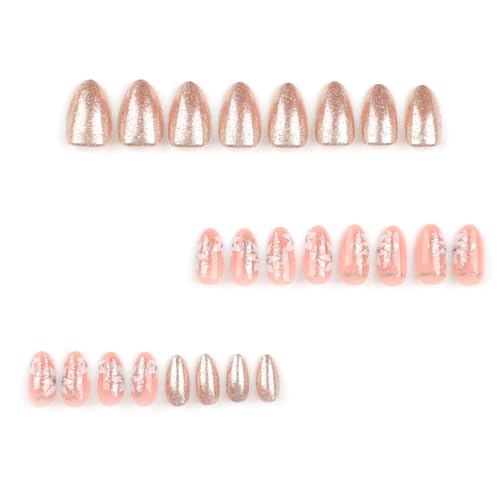 24Pcs Press on Nails Short Almond Shape Fake Nails with Flower Designs Glitter Gold Press ons Full Cover False Nails Glue on Nails Acrylic Nail Kit for Women Manicure Art Decorations