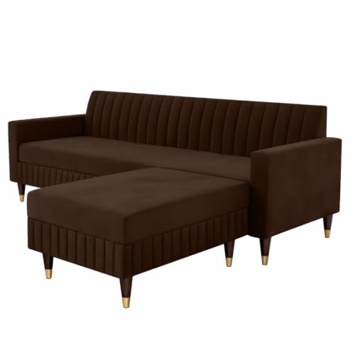 Image of AMATA Omega Solid Wood 4 SeaterL Shape Brown Suede Velvet Fabric Sofa Set with Four Cushions Perfect for Home Office Guests Living Room (03 Brown, Omega L Shape 4 SSEATER)(3 Year Warranty)