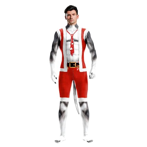 Bemeiren Men's Animal Bodysuit Costume with Big Tail Print Petsuit Spandex Furry Jumpsuit Cosplay Halloween Party Red Christmas Dog