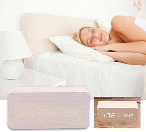 Wooden Digital Alarm Clock, LED Display Bedside Clock Wood Fashion MultiFunction USB Alarm Block Time Temperature Sound Control for Desk Table Bedroom Office Kids Families (White Wood White Light)