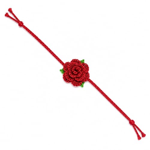Image of Handmade Crochet Rose Rakhi for Raksha Bandhan, Red | Floral Design, Adjustable Cord, Skin-Friendly, Raksha Bandhan Special, Handcrafted