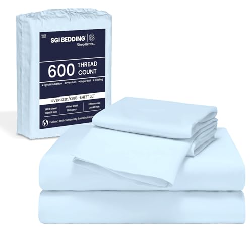 Image of SGI bedding 96 inch W x96 L 4Pc Vermont King Sheet Set 100% Egyptian Cotton - 600 Thread Count, Fits 15 inch Deep Pocket - Soft Breathable Oversized Sheets, for Extra Large Beds - Light Blue